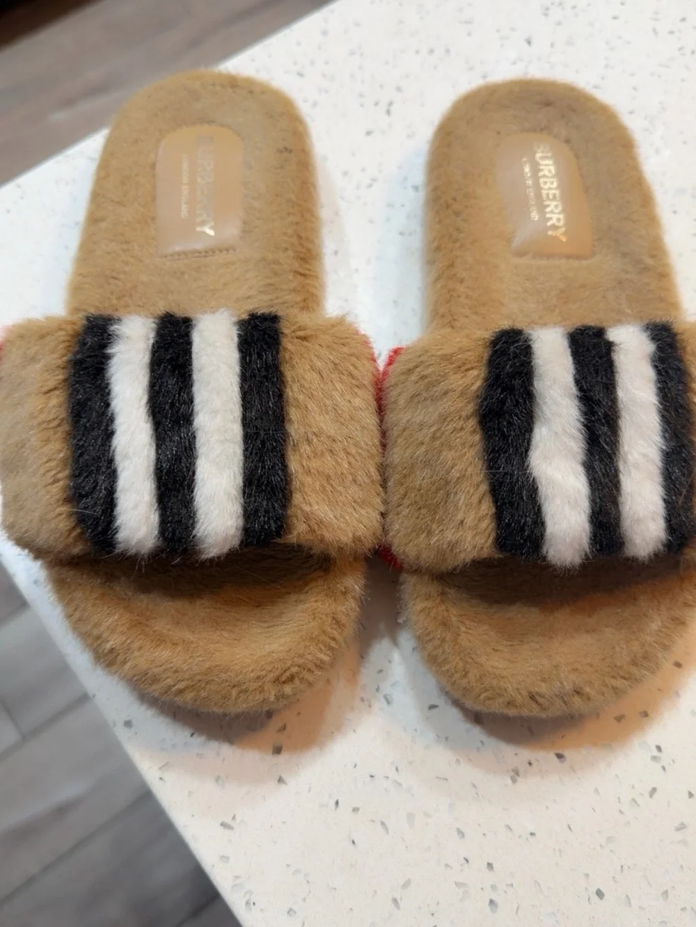 Burberry Tan Fuzzy Slide Sandals with Black & White Stripes